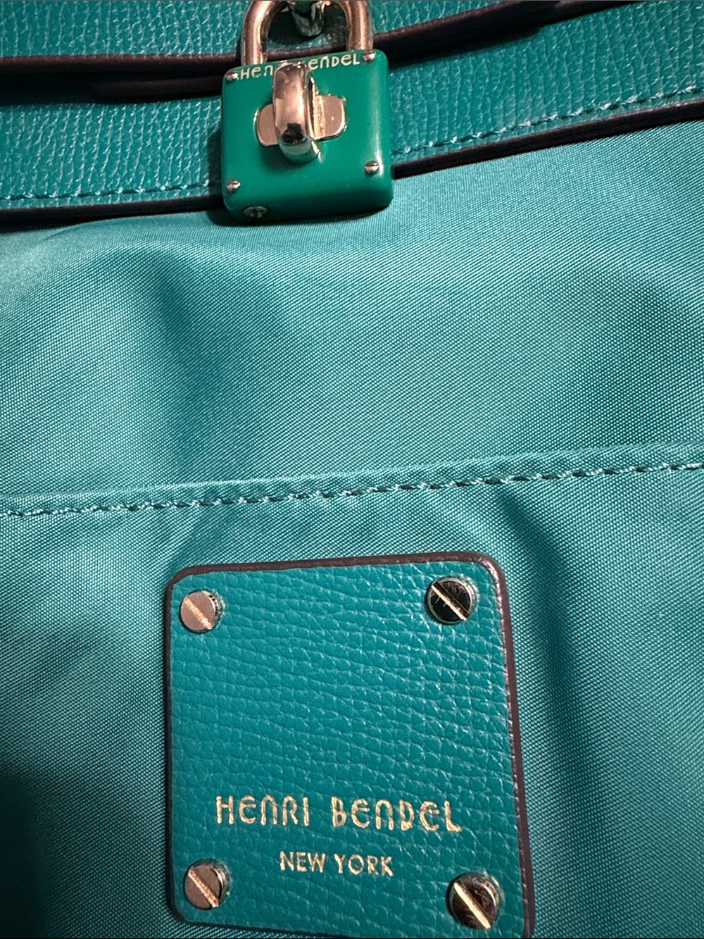 Henri Bendel New York Teal Jetsetter Hand Bag/Satchel/Backpack Purple Lining - Picture 9 of 11